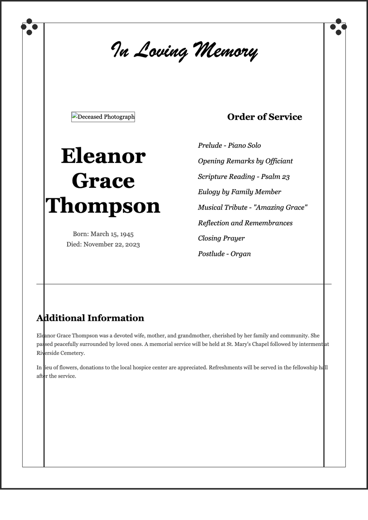 Elegant funeral program with floral illustrations and photo_variant_3